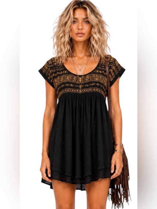 Free People Tops - Free People – Embellished Boho Babydoll Tunic Mini Dress – Black Ivory – Sz. L